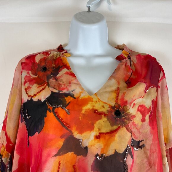 Willa Story Blouse Multi Pink XS Floral Sequins Ruffle Trim Long Sleeve New NWT - Picture 2 of 12